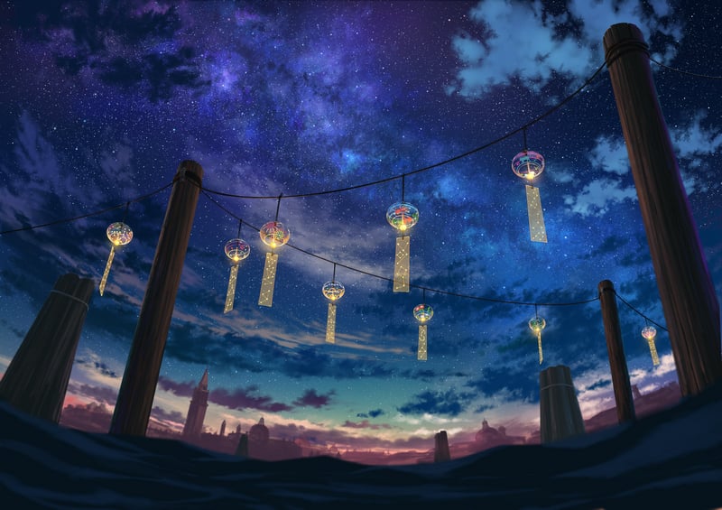 Starry night sky with hanging wind chimes