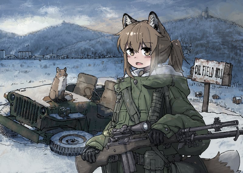 Fox girl with M14 EBR and Jeep in snow