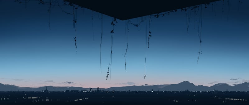 Skyline with hanging vines and distant mountains