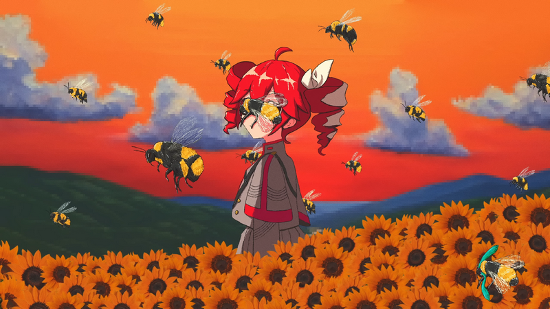 Kasane Teto in a sunflower field with bees