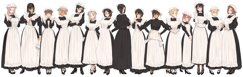 Group of anime maids in black and white uniforms