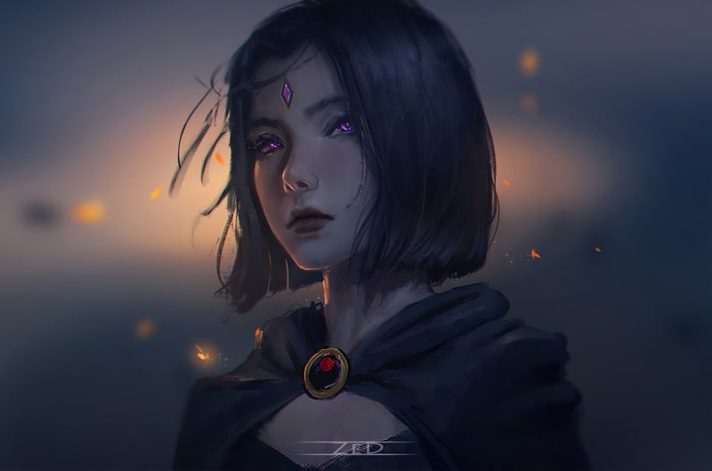 Raven from DC Comics with purple eyes and short hair
