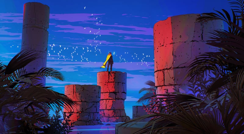 Man standing on ancient ruins with birds flying