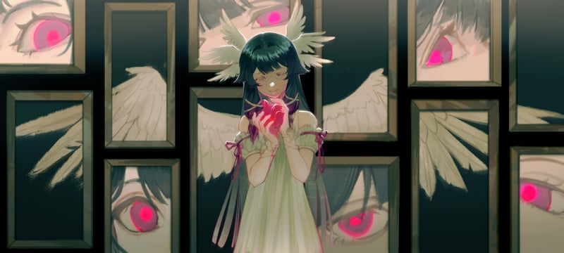 Columbina (Genshin Impact) holding a heart with wings