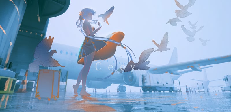 Jinhsi from Wuthering Waves with birds near an airplane