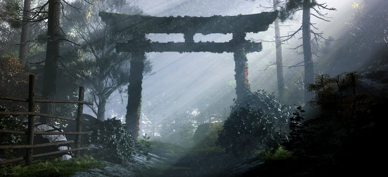 Ancient Torii Gate Covered in Moss in a Misty Forest