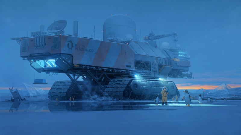 Illustration of a futuristic vehicle in a snowy landscape with penguins