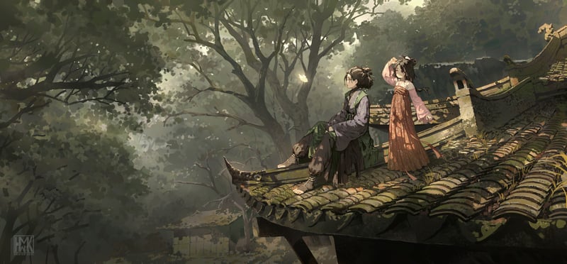 Black Myth: Wukong artwork with two women on a rooftop