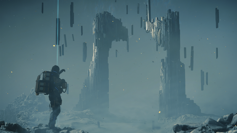 Death Stranding 2 video game art with floating structures