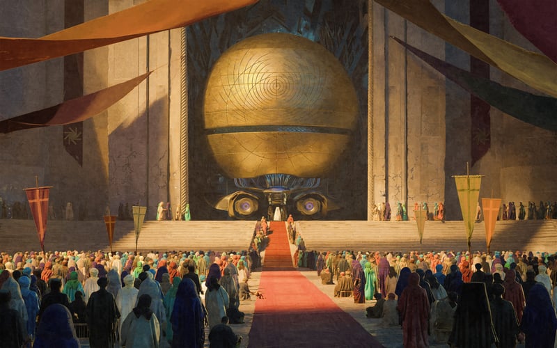 Crowd gathered before a large golden sphere in a grand hall