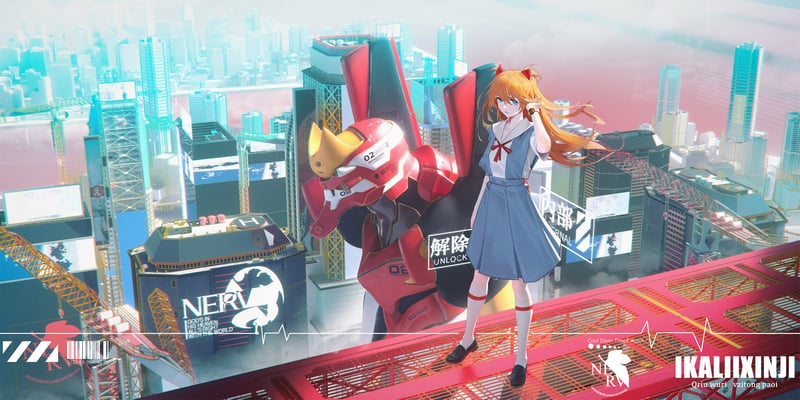 Asuka Langley Soryu and EVA Unit 02 in a City