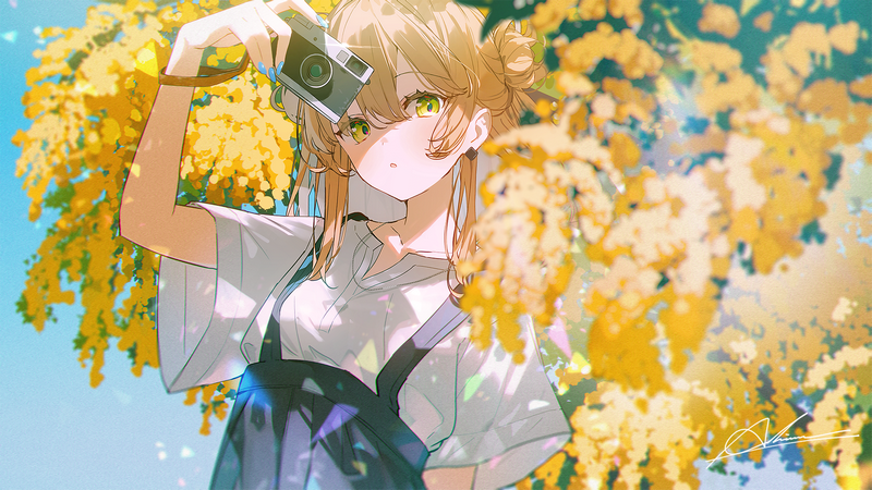 Anime girl with green eyes holding a camera outdoors