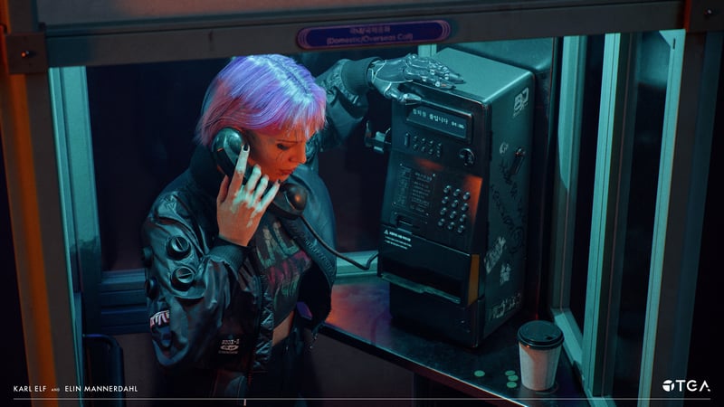 Woman with purple hair in a phone booth talking on a retro phone