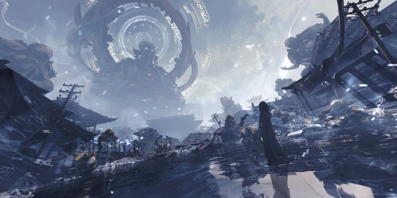 Giant mechanical structure over a ruined city