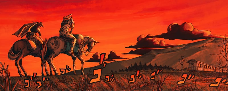 Gyro and Johnny Joestar on horseback at sunset