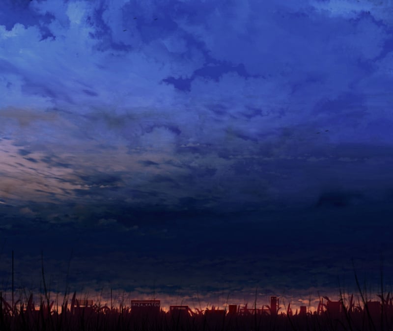 Dark Clouds Over a Grassy Field at Sunrise