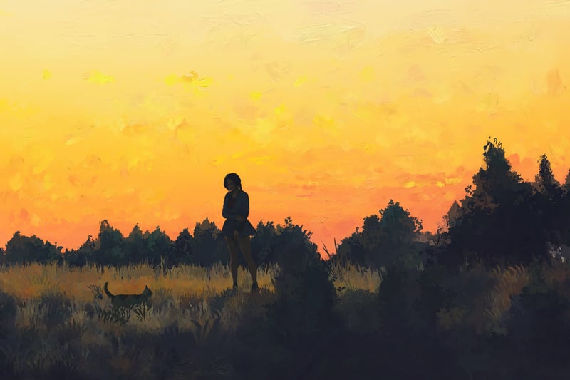 Scenery of a girl and cat at sunset