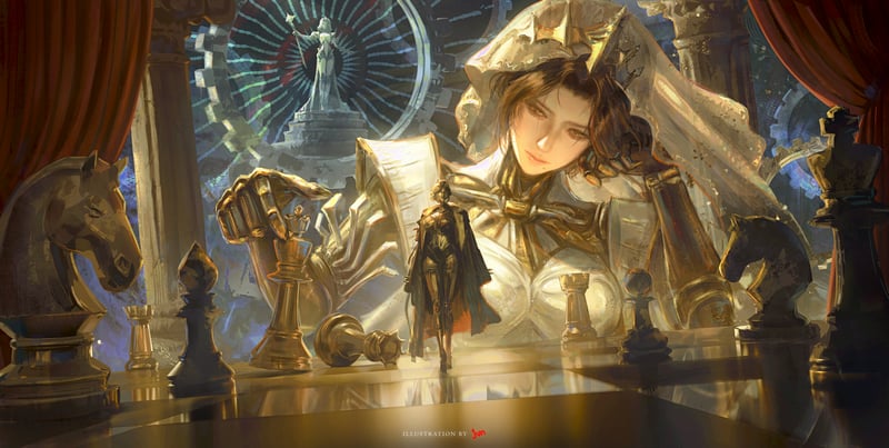 Lucy (Reverse: 1999) plays chess with a giant statue
