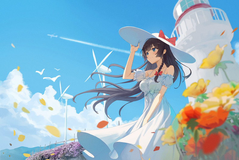 Shirayuki Hina in a white dress by a lighthouse