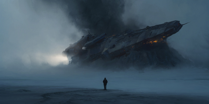 Spaceship crash in a smoky, desolate landscape
