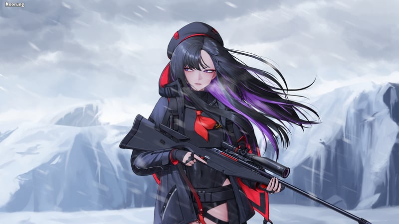 Eunhwa (Nikke) with a sniper rifle in the snow