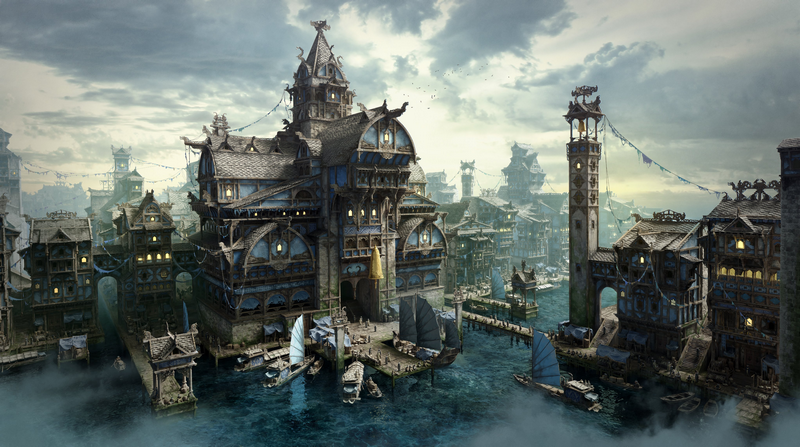 Boats in a fantasy harbor city with tall buildings