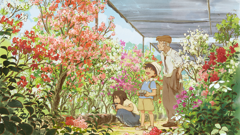 Anime children and old man in a greenhouse with flowers