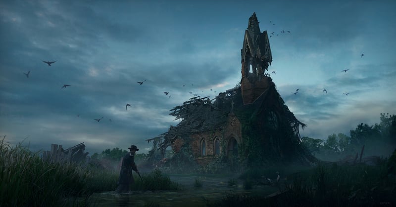 Ruined church with a lone figure in a dark, cloudy evening