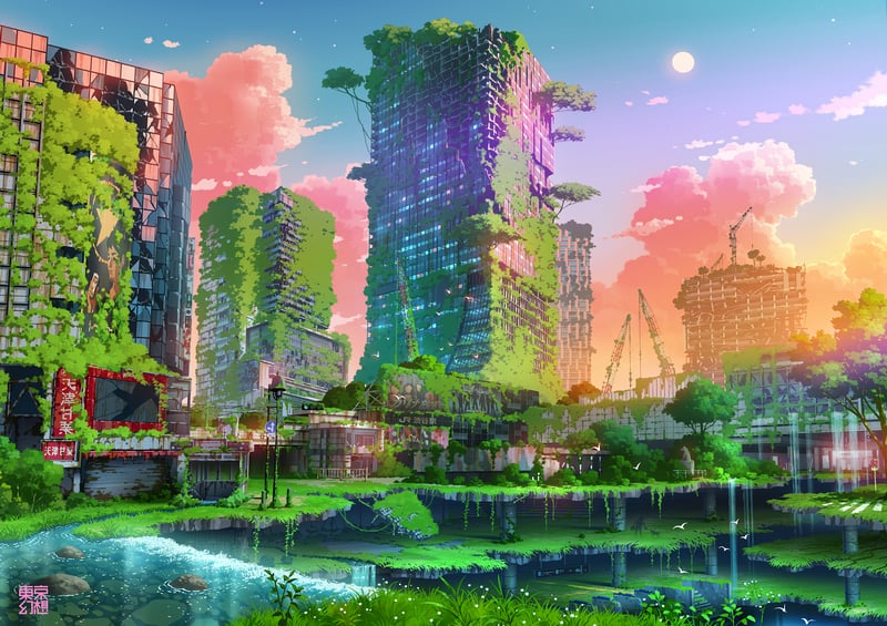 Abandoned city overgrown with moss and plants, flooded streets