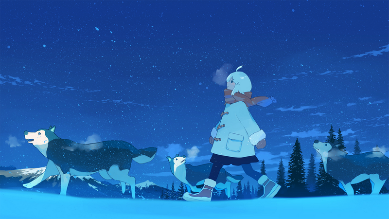 Anime girl walks with dogs in snowy night forest