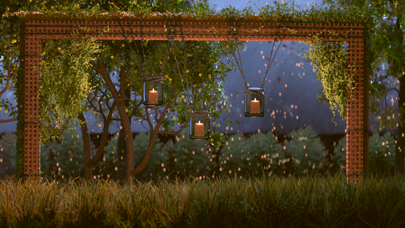 Candles in lanterns hang from a pergola in a garden