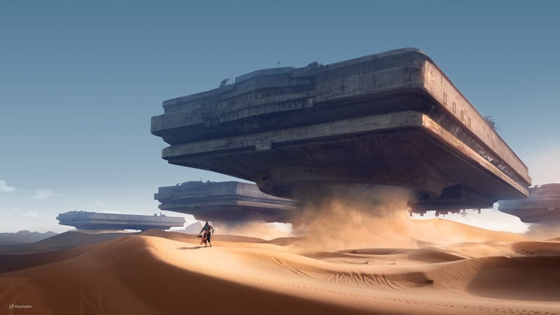 Spaceships hovering over desert dunes with a rider