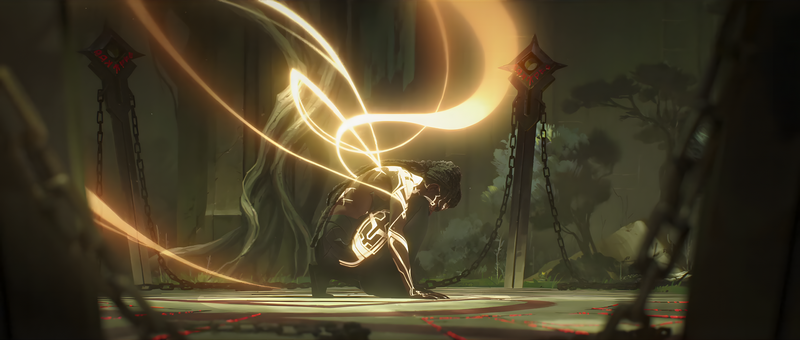 Mel from Arcane (League of Legends) surrounded by golden energy