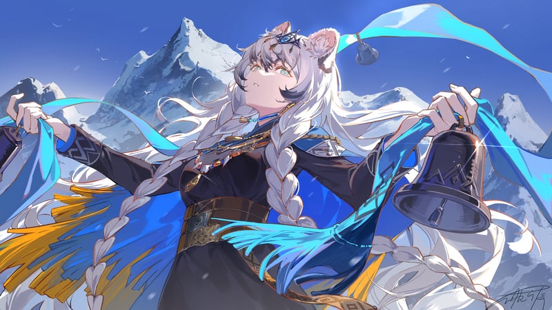 Hatsuyuki from Arknights holding a bell