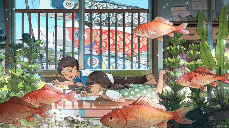Children drawing goldfish in an aquarium with carp streamers outside