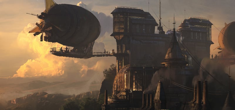 Steampunk airship docked at a cliffside city at sunset