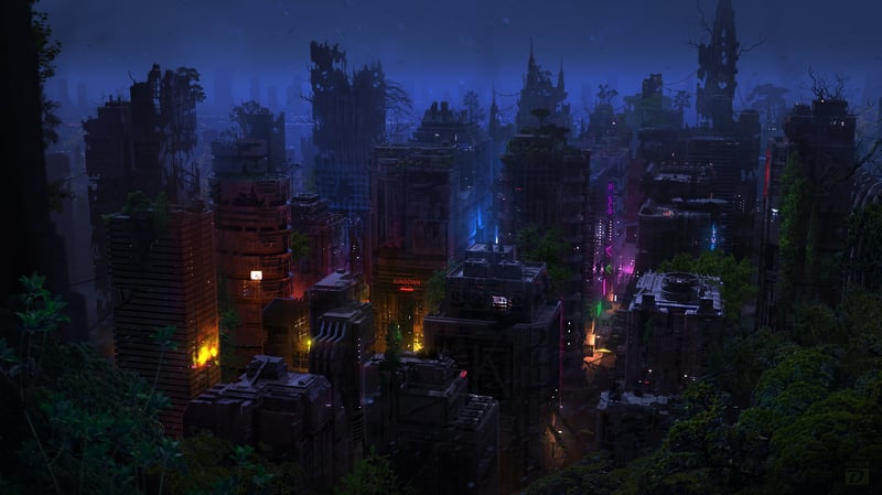 Ruined cityscape at night with glowing lights and overgrown vegetation