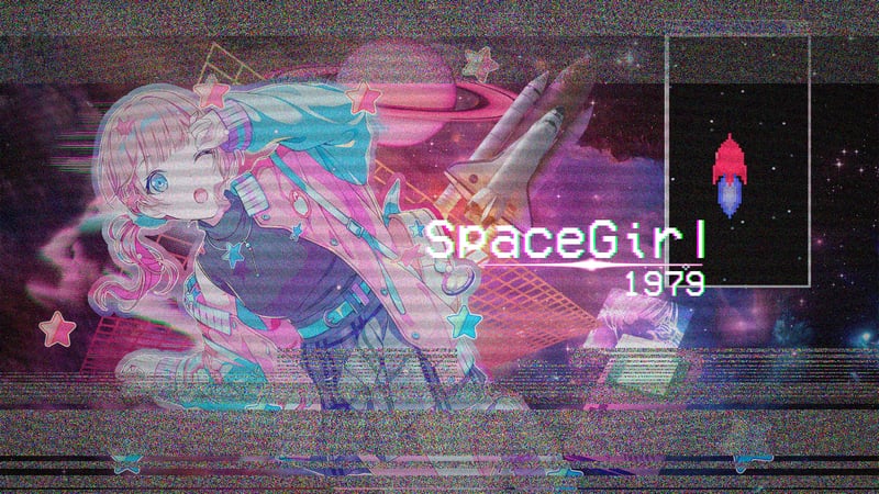 SpaceGirl 1979 Anime Girl with Rocket and Saturn