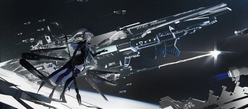 Anime girl with white hair in space with a spaceship
