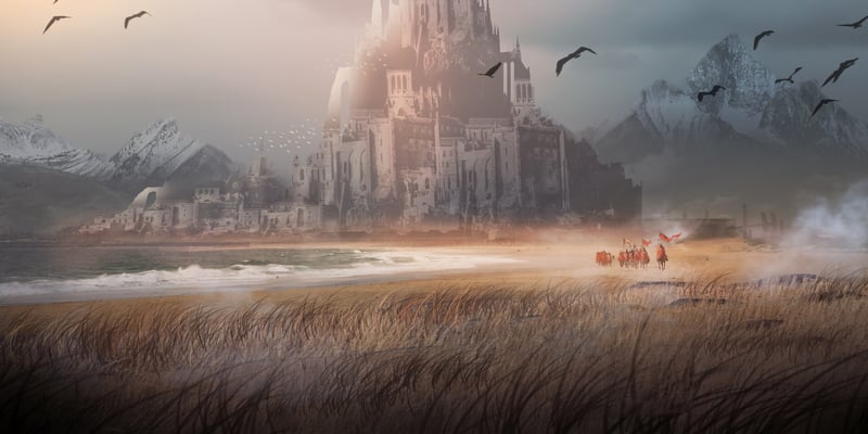 Fantasy castle by the sea with soldiers