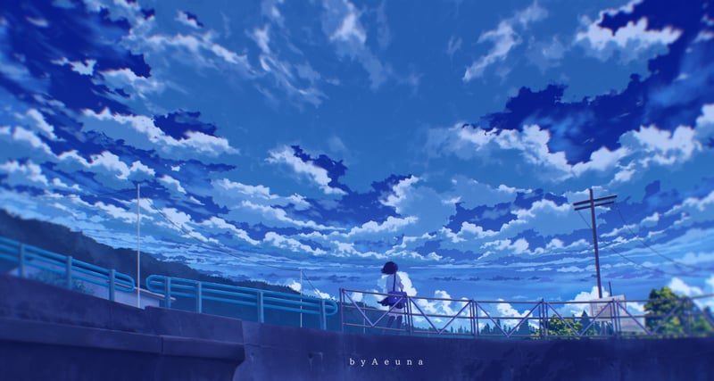 Anime girl sitting on a railing under a cloudy sky