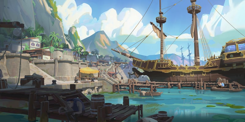 Pirate ship docked at a tropical island port