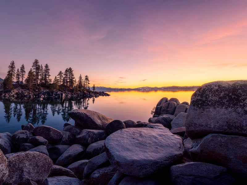 Sunset over Lake Tahoe with Rocks and Island