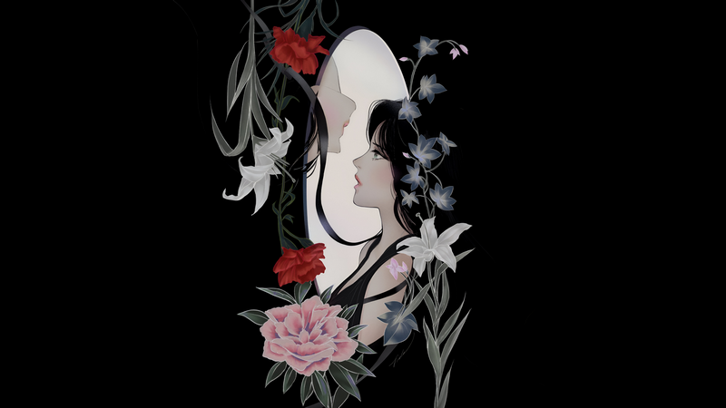 Woman reflected in a mirror surrounded by flowers