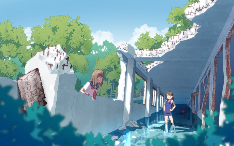 Anime girls in a destroyed building with nature reclaiming it