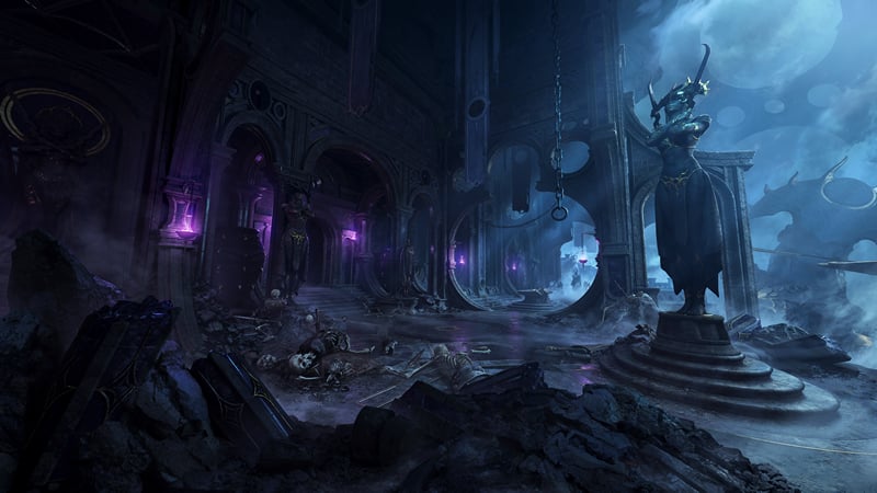 Baldurs Gate 3 Gauntlet of Shar ruins with statue and bones