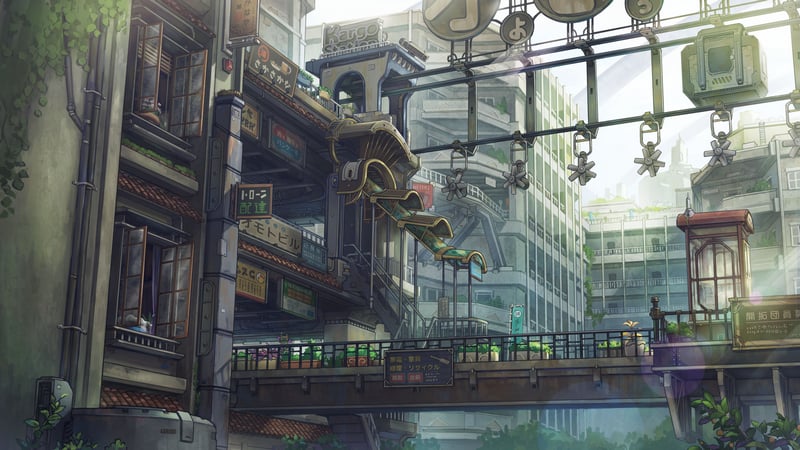 Futuristic Japanese cityscape with elevated walkways and buildings