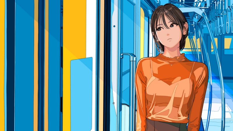 Anime girl in orange top on a train