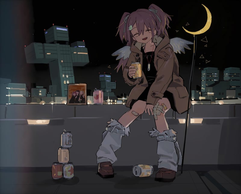 Anime girl with wings holding a drink on a rooftop