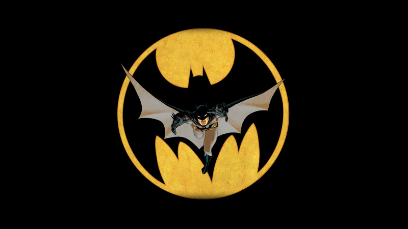 Batman flying in front of the Batman logo